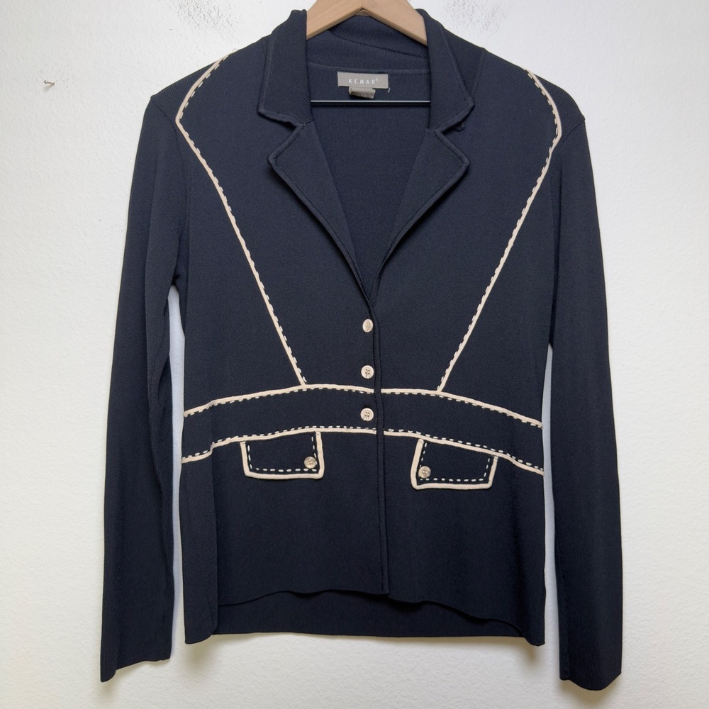 Kenar Women Knit Blazer Jacket‎ Small Black Preppy Nautical old Money Equestrian